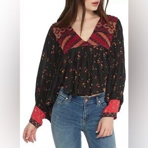 Free People Lady Lou Printed Embroidered Blouse